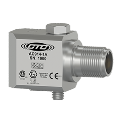 A stainless steel AC914 intrinsically safe, side exit accelerometer engraved with the CTC line logo, product number, serial number, and hazardous area certification markings.